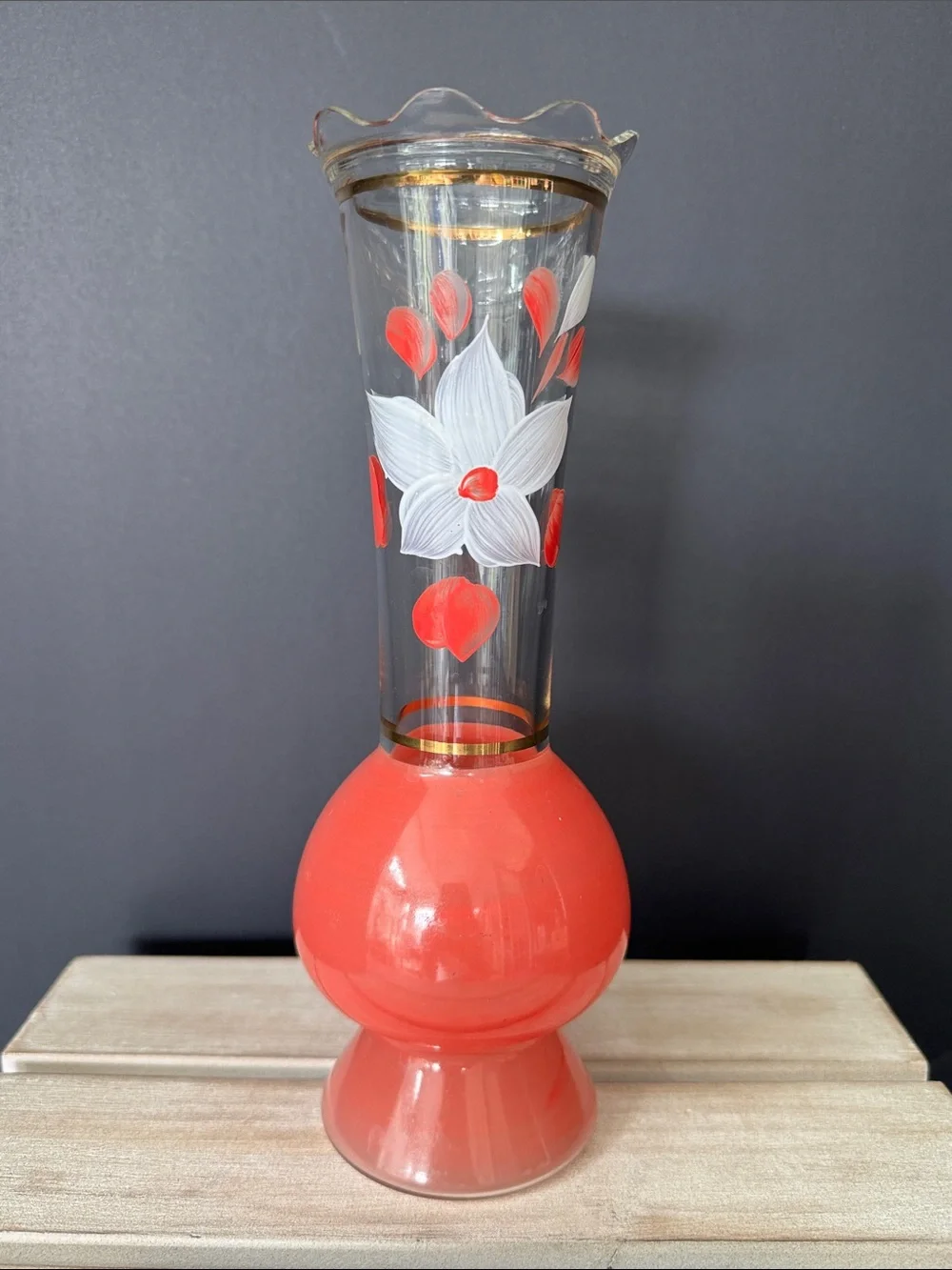 VTG Bartlett-Collins Pink Glass Bud Vase Hand Painted Floral Gold Trim MCM